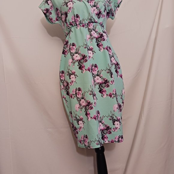 Pink Blush Teal Floral Knee Length Dress Spring Summer - Picture 6 of 10